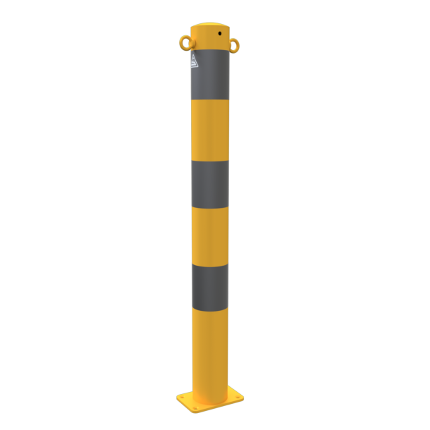 Barrier post | steel tube  89 x 2,9 mm | yellow / black | stationary, to be fixed by plugswith base plate 100 x 150 mm | with 2 eyelets